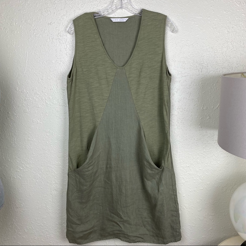 Luna Luz Olive Green Sleeveless Midi Dress with Front Pockets